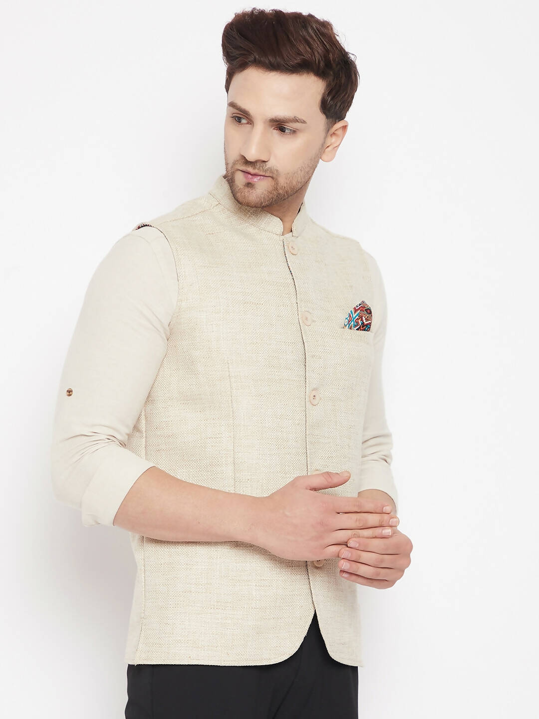 Even Apparels Beige Linen Men Woven Nehru Jacket - Distacart