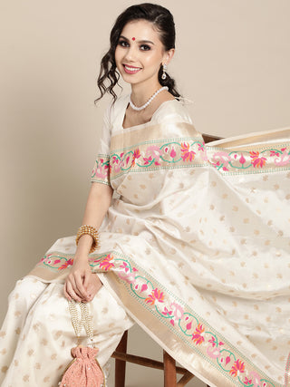 Saree Mall Off White & Golden Woven Design Banarasi Saree - Distacart