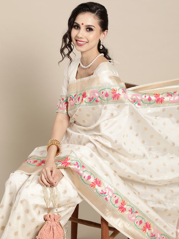 Saree Mall Off White & Golden Woven Design Banarasi Saree - Distacart