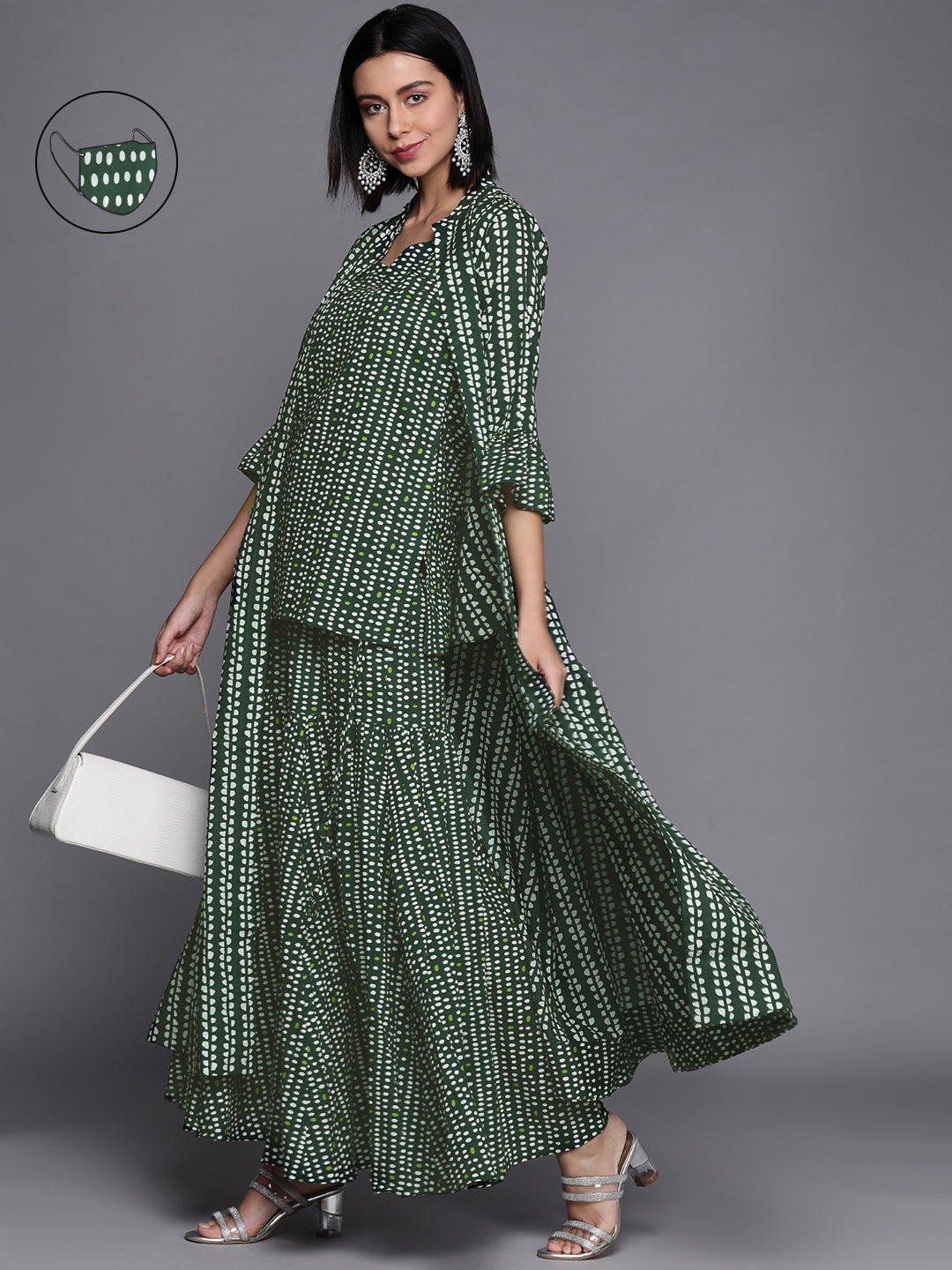 Biba Women Green & White Printed Layered Pure Cotton Kurti with Sharara - Distacart