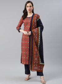 Thumbnail for Ahika Women Red & Navy Blue Printed Pure Cotton Kurta with Trousers & Dupatta - Distacart