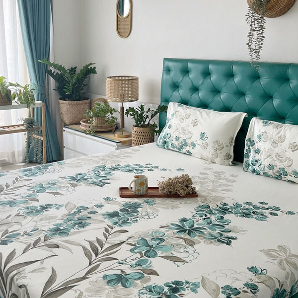 URBAN SPACE Serene White & Blue Printed 200 TC Pure Cotton Bedsheet & Pillow Covers - Distacart