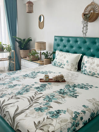 URBAN SPACE Serene White & Blue Printed 200 TC Pure Cotton Bedsheet & Pillow Covers - Distacart