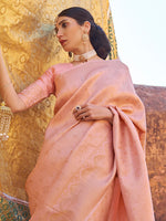 Thumbnail for Mitera Peach-Coloured & Gold-Toned Ethnic Motifs Zari Silk Blend Banarasi Saree - Distacart