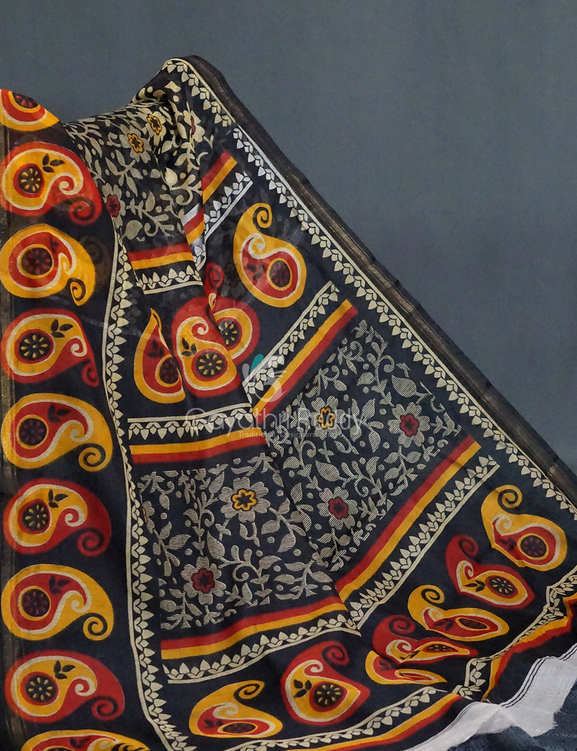 Black Coloured Floral Print Semi Chanderi Saree By Gayathri Reddy Designer Studio - Distacart