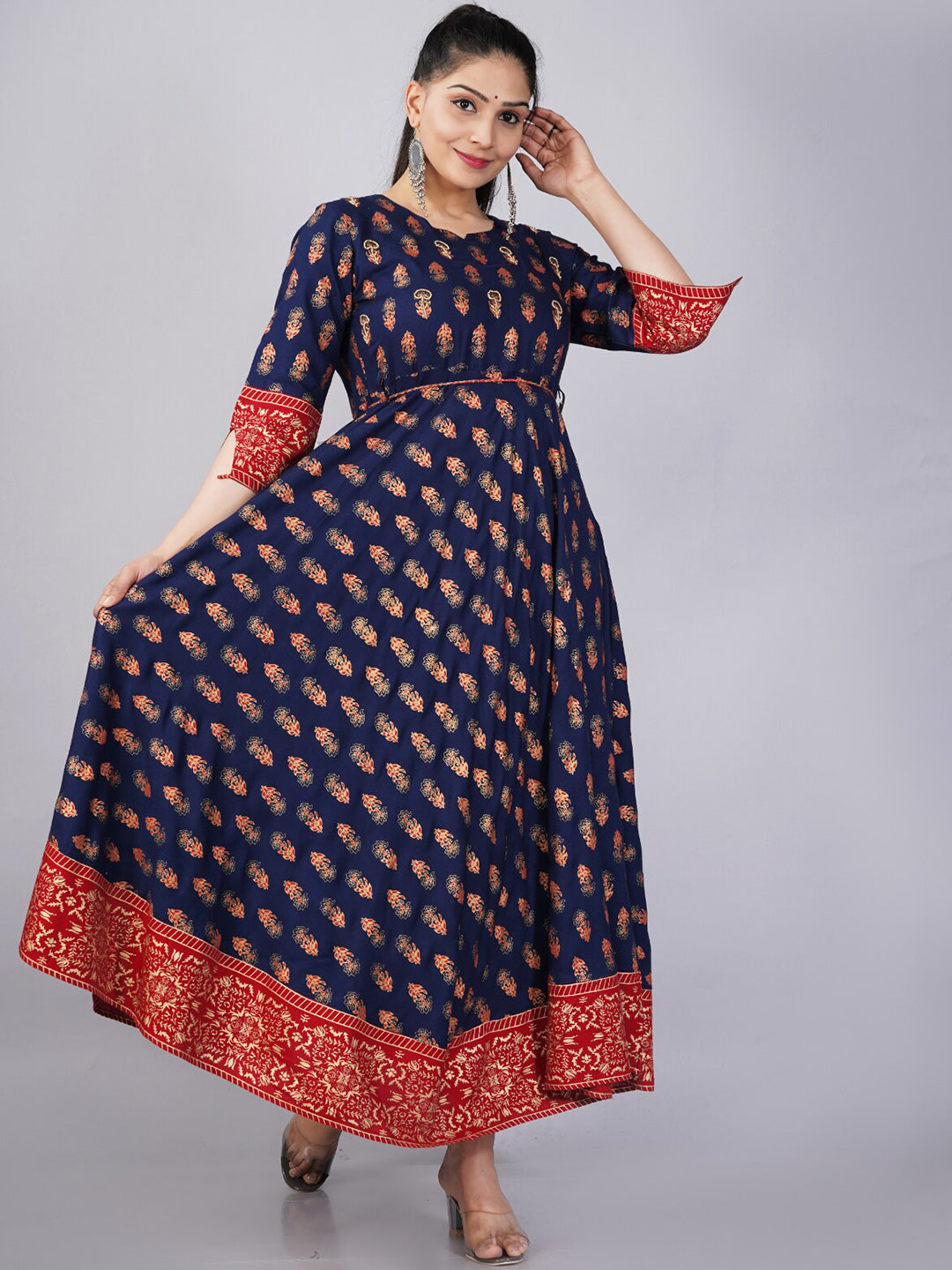 Kalini Women Navy Blue & Red Ethnic Motifs Printed Anarkali Kurta - Distacart