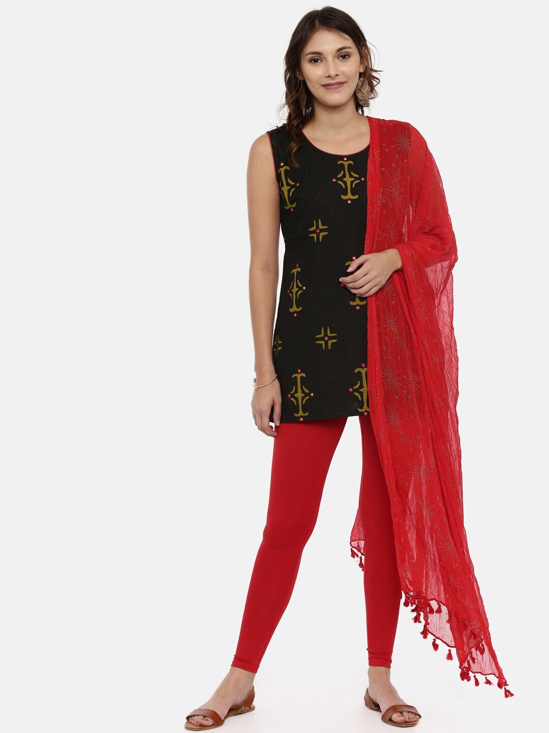 Souchii Red & Gold Printed Dupatta with Tassels - Distacart