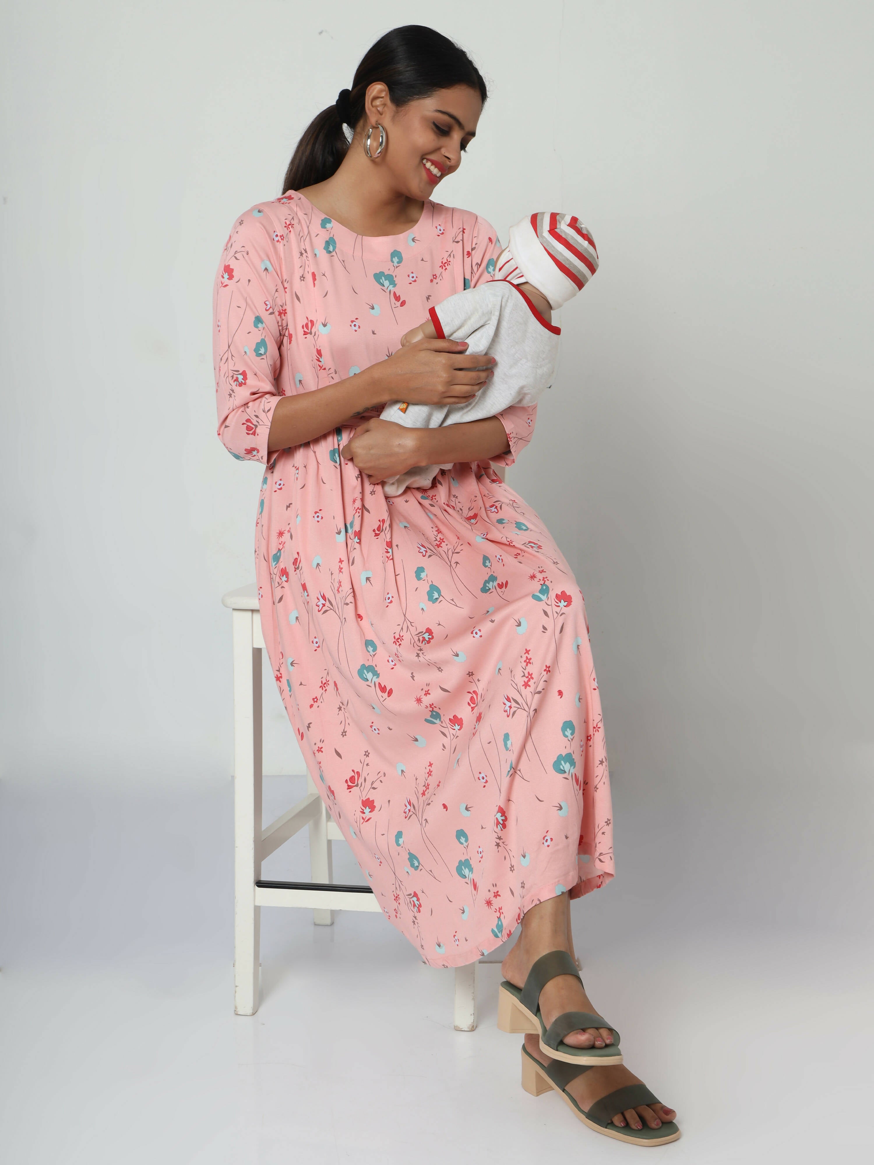 Manet Three Fourth Maternity Dress Floral Print With Concealed Zipper Nursing Access - Peach - Distacart