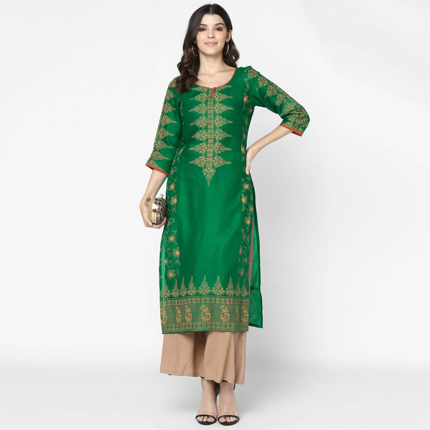 Cheera Hand Block Print Bottle Green & Skin Color Straight Kurta With Palazzo (MAAI-091K)