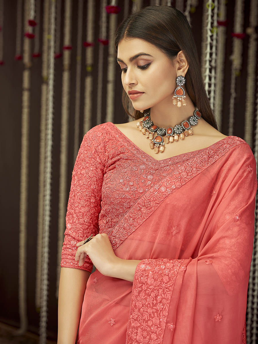 Myra Peach Organza Heavy Embroidered Saree - Distacart