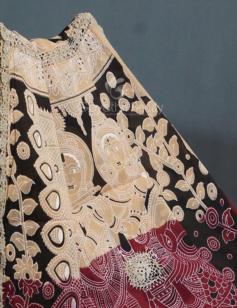 Black And Beige Combo Colour Pichwai Print Crocia Mulmul Cotton Saree By Gayathri Reddy Designer Studio - Distacart