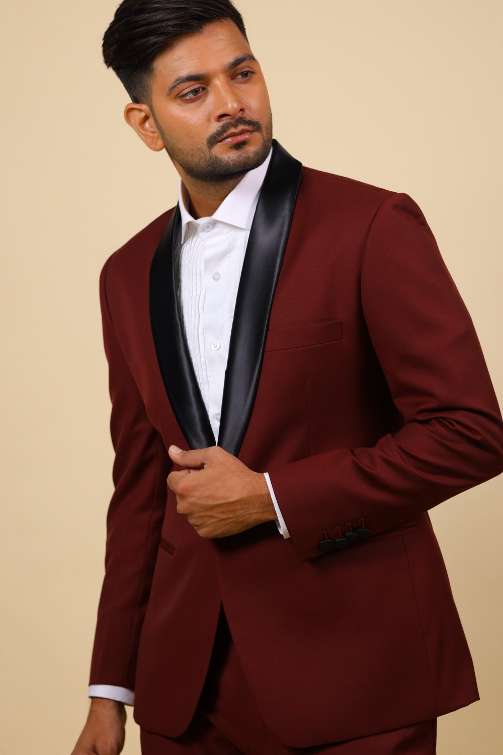 Burgundy Designer Tuxedo With Black Satin Lapels by Hilo Designs - Distacart