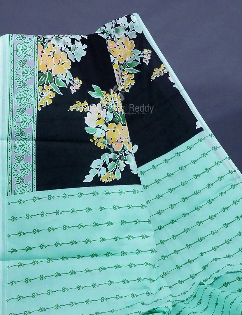 Black Colour Block Print Pure Mulmul Cotton Saree By Gayathri Reddy Designer Studio - Distacart