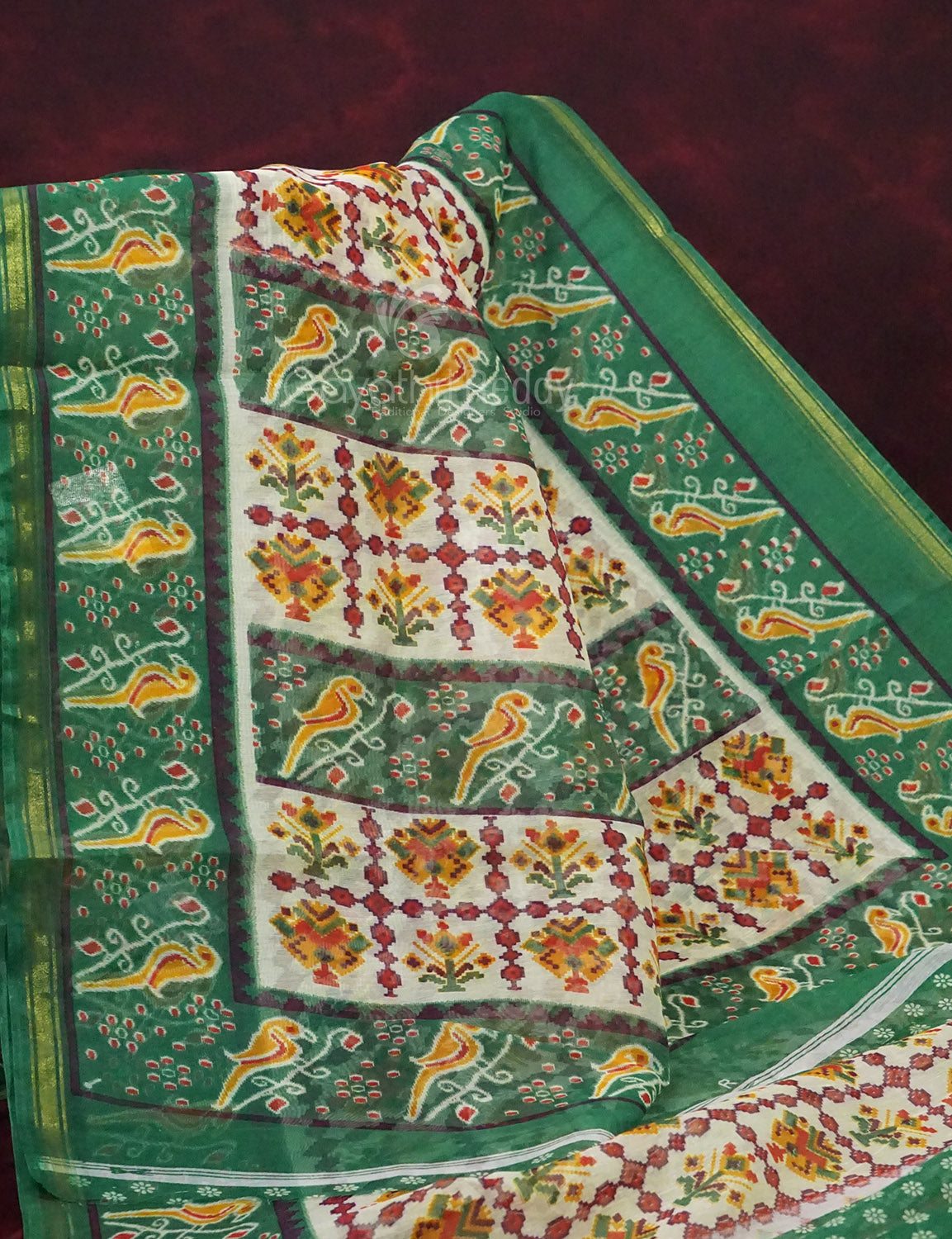 Shades of Off White And Mango Green Colour Patan Patola Semi Chanderi Saree By Gayathri Reddy Designer Studio - Distacart