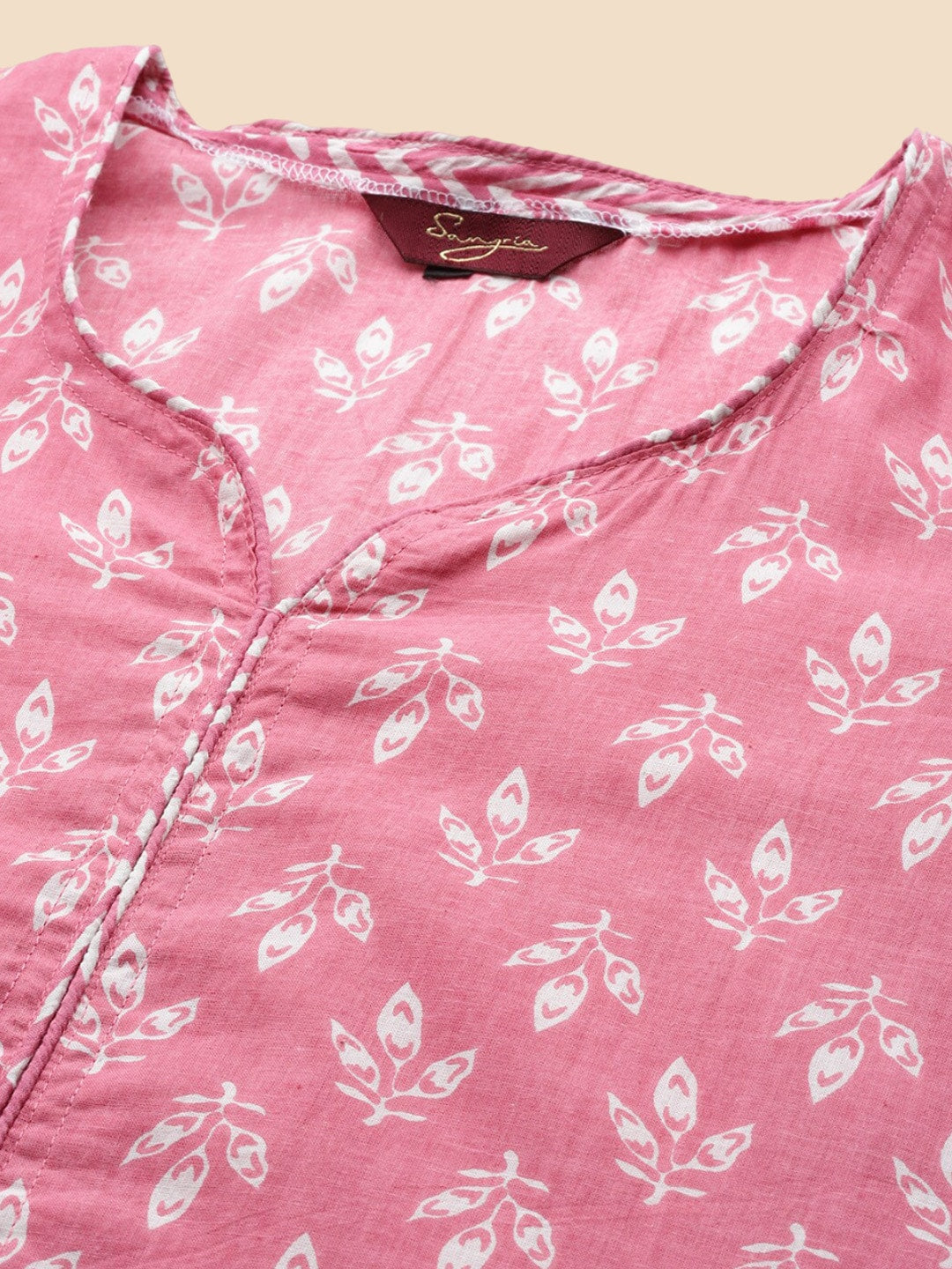 Sangria Pink Ethnic Motifs Printed V-Neck Pure Cotton Straight Kurta With Trouser - Distacart