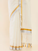 Thumbnail for Soch Off-White & Silver-Toned Zari Pure Cotton Kasavu Saree - Distacart