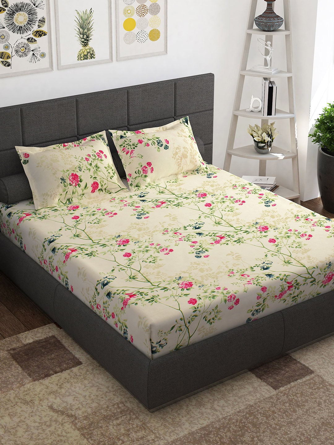 Story@home Ventura Cream & Green Floral 152 TC Cotton Queen Bedsheet with 2 Pillow Covers - Distacart
