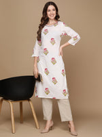 Thumbnail for HERE&NOW White & Pink Floral Printed Pure Cotton Kurta - Distacart