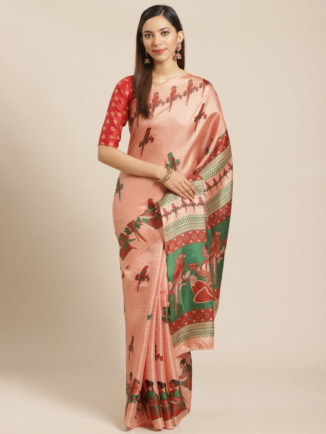 Saree Mall Peach-Coloured & Red Printed Saree - Distacart