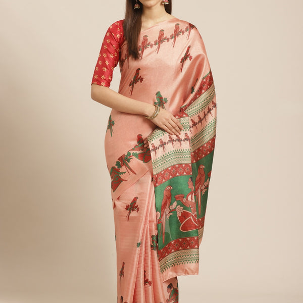 Saree Mall Peach-Coloured & Red Printed Saree - Distacart