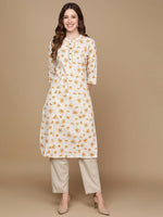 Thumbnail for HERE&NOW Off White & Mustard Yellow Floral Printed Thread Work Sequinned Cotton Kurta - Distacart