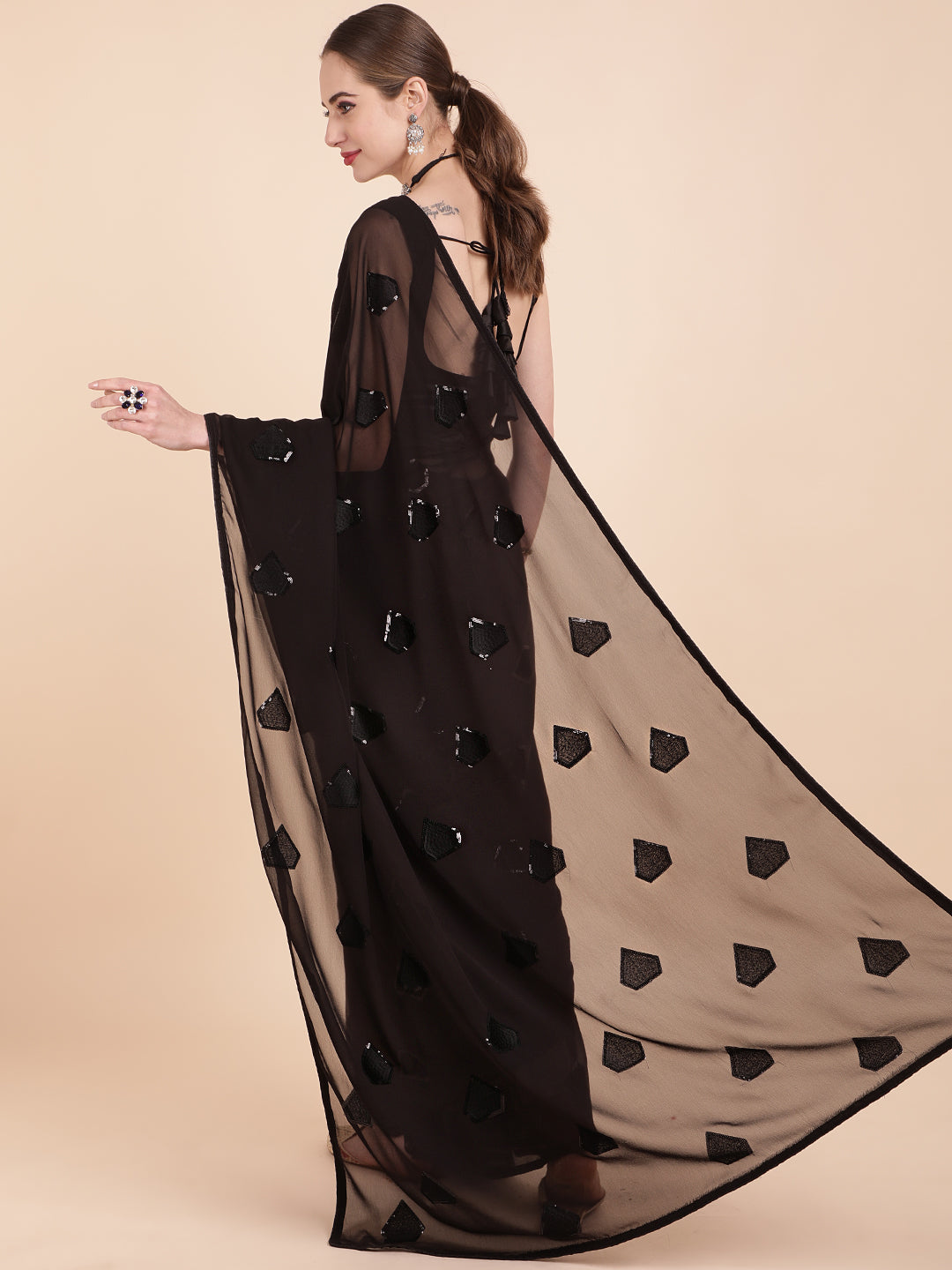 Sangria Black Embellished Sequinned Pure Georgette Saree - Distacart