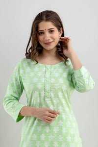 Thumbnail for Vamika Printed Cotton Green Party Wear/Casual Wear Kurta Set/Suit - Distacart