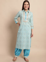 Thumbnail for Kalini Ethnic Motifs Printed Shirt Collar Yoke Zari Pure Cotton Pathani Kurta With Salwar - Distacart