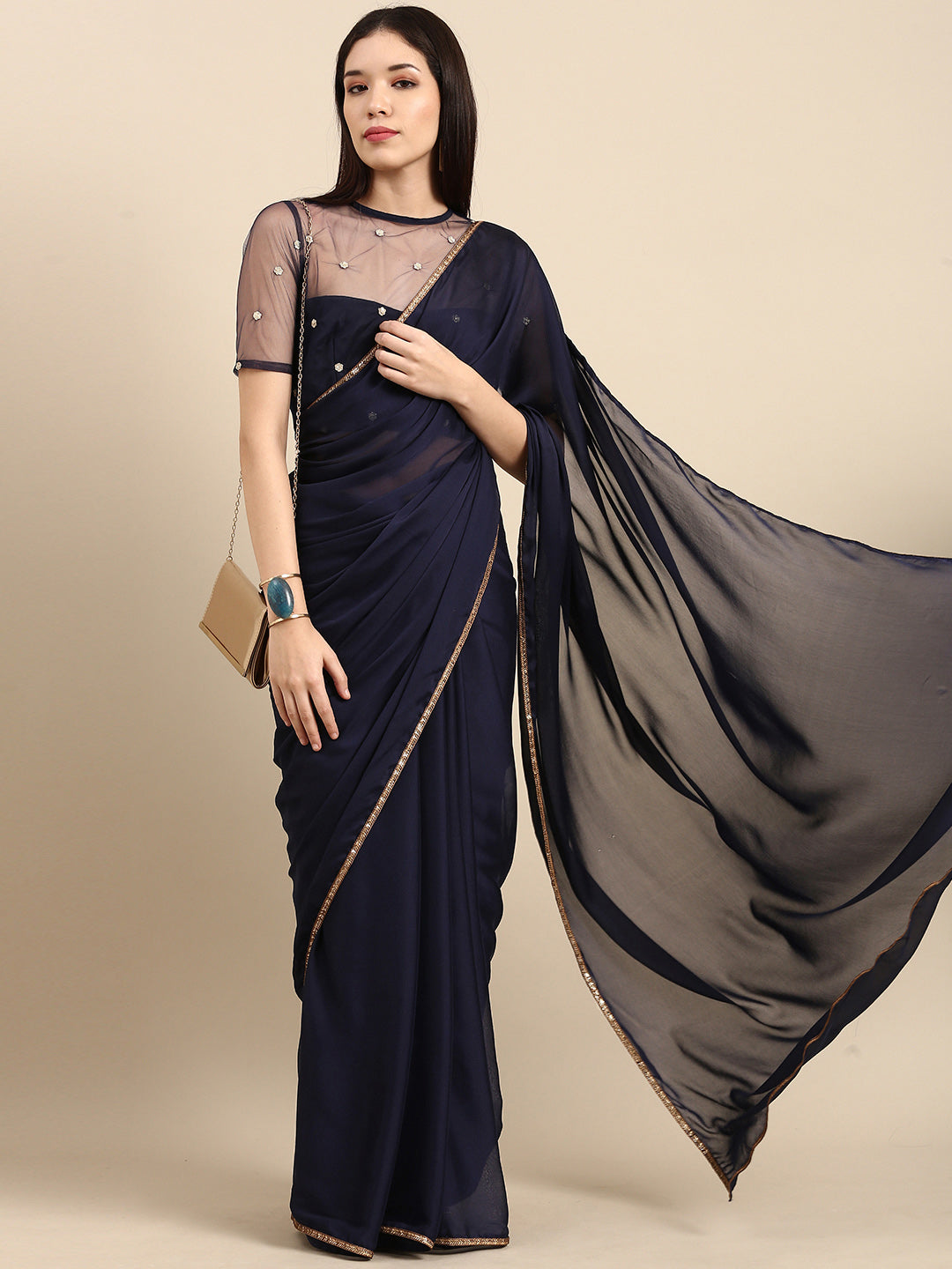 Sangria Blue Gotta Patti Silk Blend Saree - Distacart