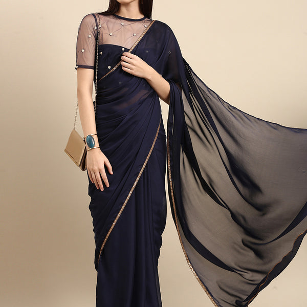 Sangria Blue Gotta Patti Silk Blend Saree - Distacart
