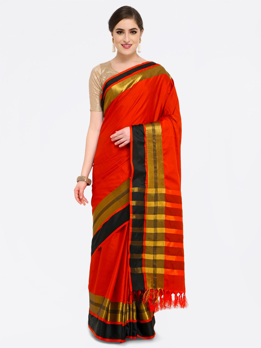 Saree Mall Red & Gold-Toned Silk Cotton Colourblocked Kanjeevaram Saree - Distacart