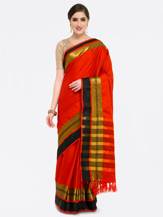 Saree Mall Red & Gold-Toned Silk Cotton Colourblocked Kanjeevaram Saree - Distacart