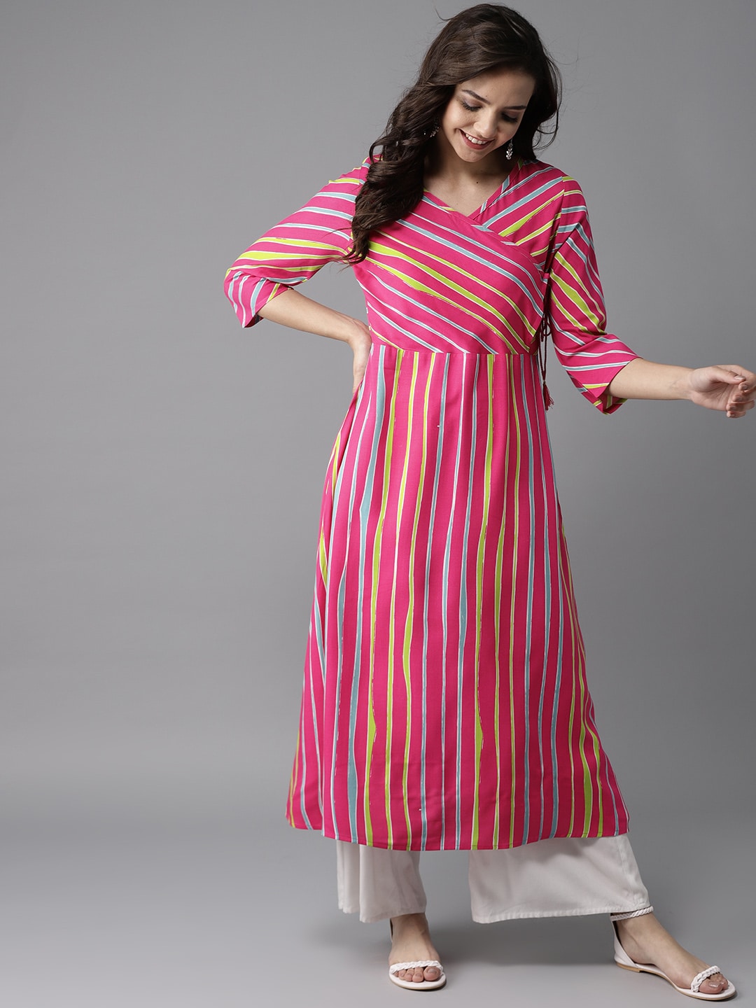 HERE&NOW Women Stripes & Tie-Up A-Line Viscose Kurta - Distacart