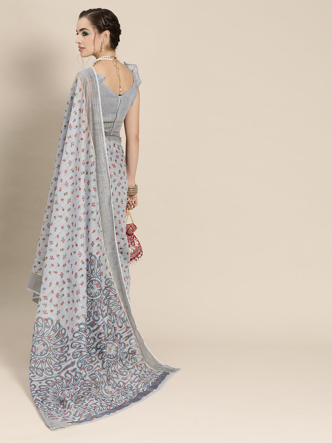 Saree Mall Grey & Maroon Floral Linen Blend Chanderi Saree - Distacart