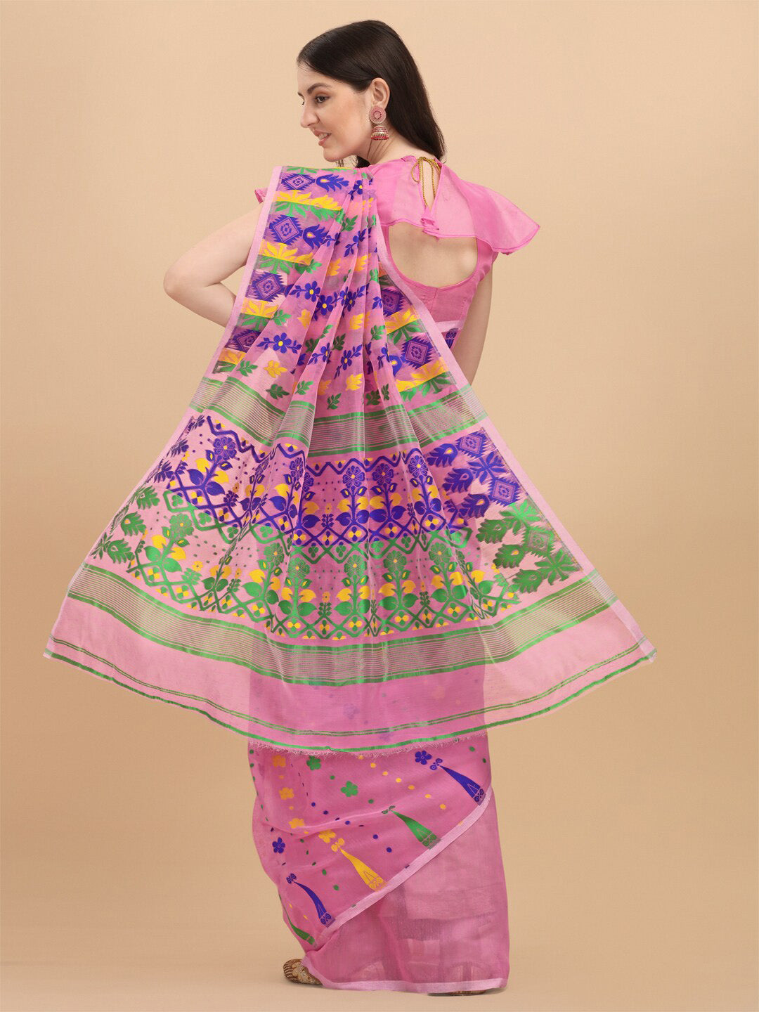 Kalini Pink & Purple Ethnic Motifs Silk Cotton Jamdani Saree - Distacart