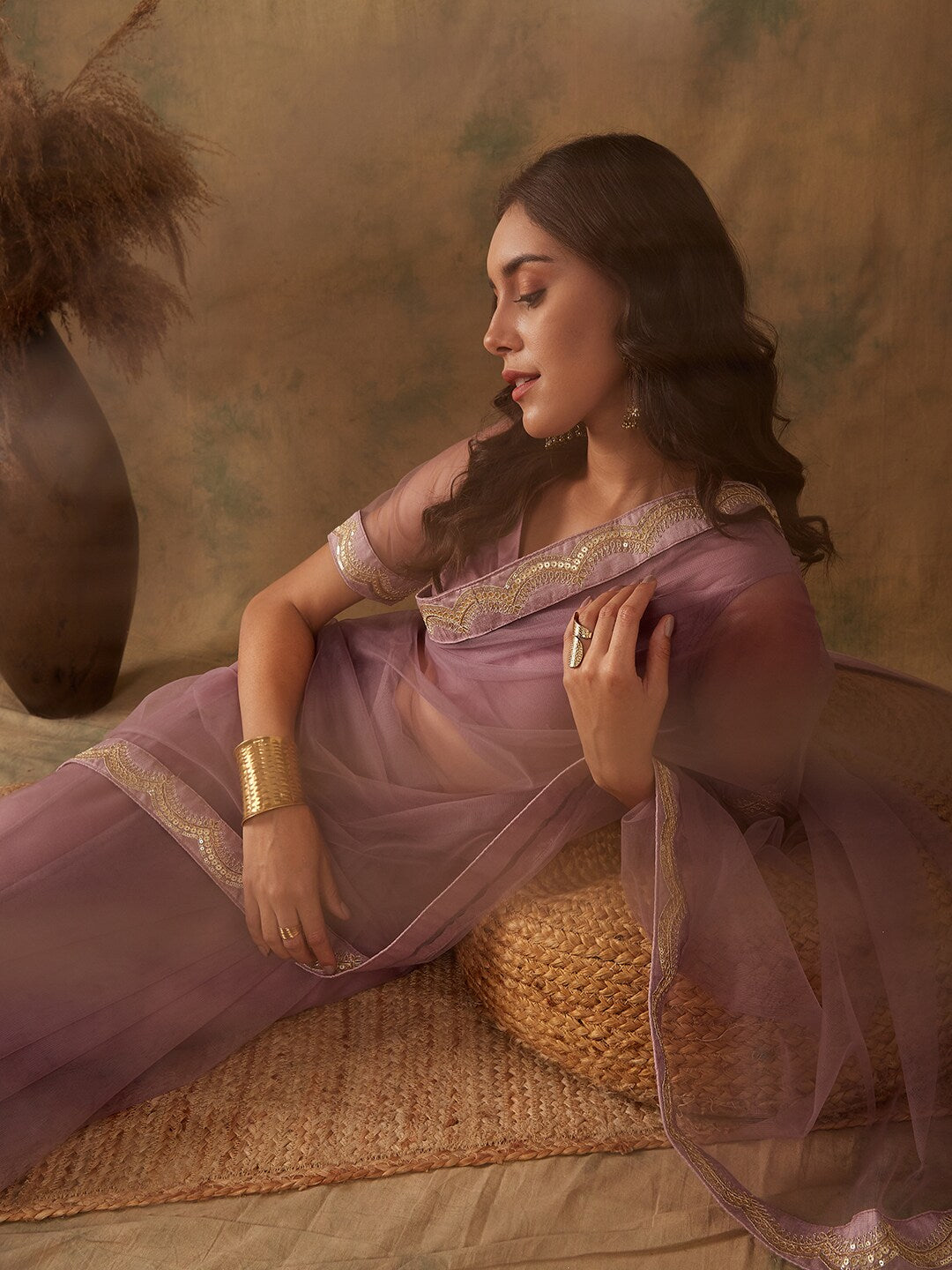 Sangria Mauve Zari Embroidered and Sequinned Net Saree - Distacart