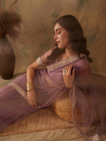 Thumbnail for Sangria Mauve Zari Embroidered and Sequinned Net Saree - Distacart