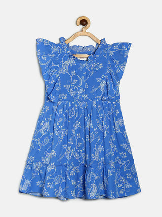 Manet Girls Cotton Frill Sleeve Frock Big Flower Print - Blue - Distacart