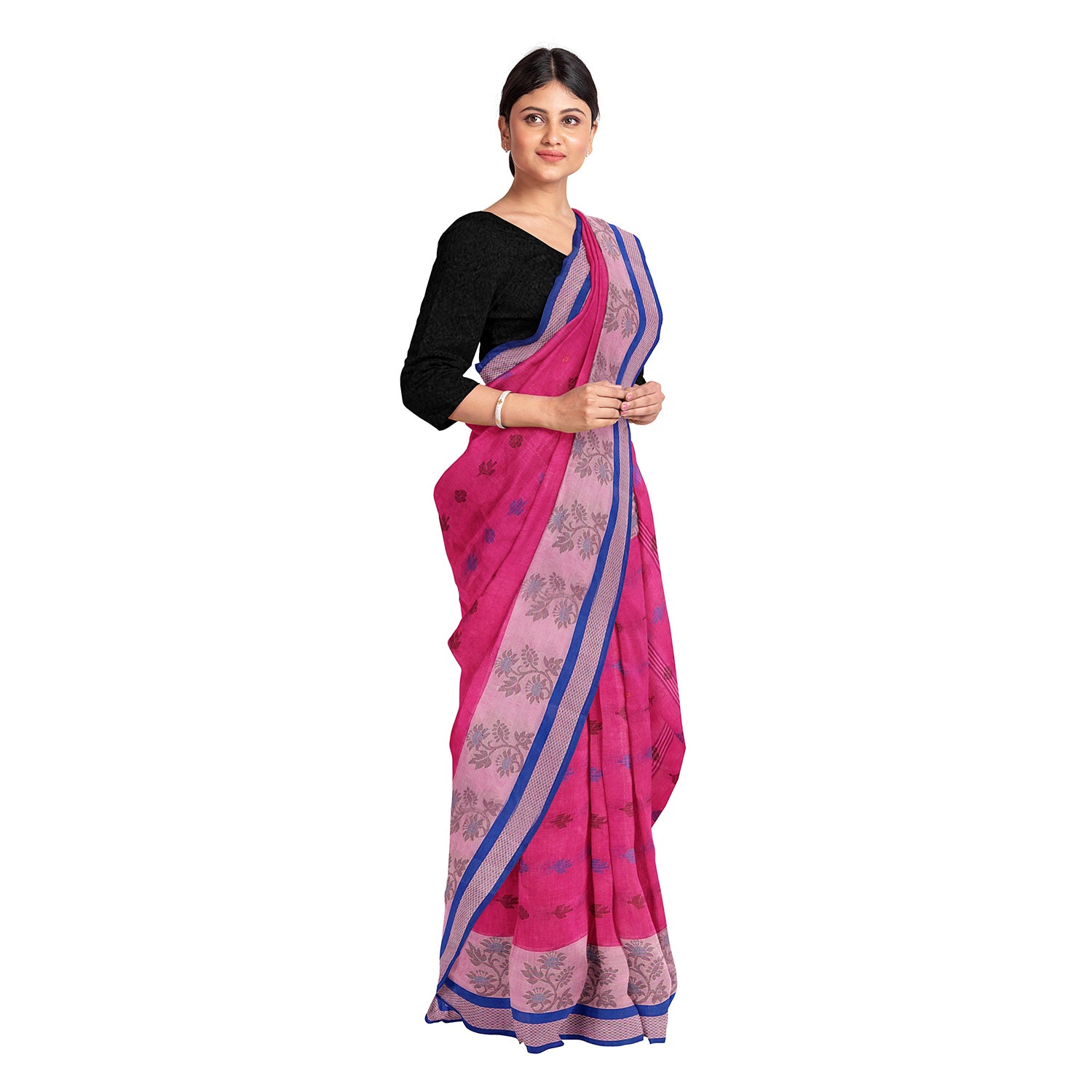 Exclusive Collection 100% Pure Cotton Magenta Tant Saree With Hand Weaving Work - Distacart