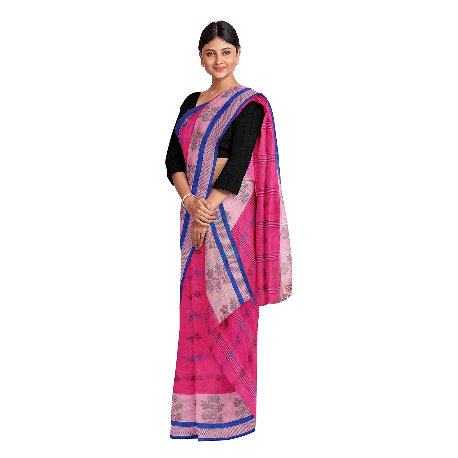 Exclusive Collection 100% Pure Cotton Magenta Tant Saree With Hand Weaving Work - Distacart