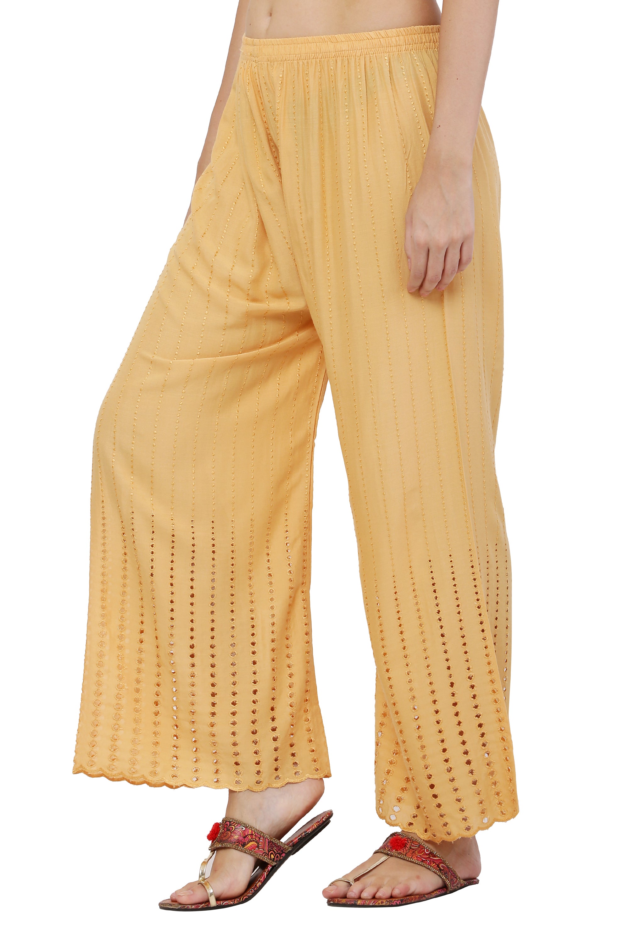 PAVONINE Beige Color Goti Aari Work Rayon Fabric Palazzo For Women - Distacart