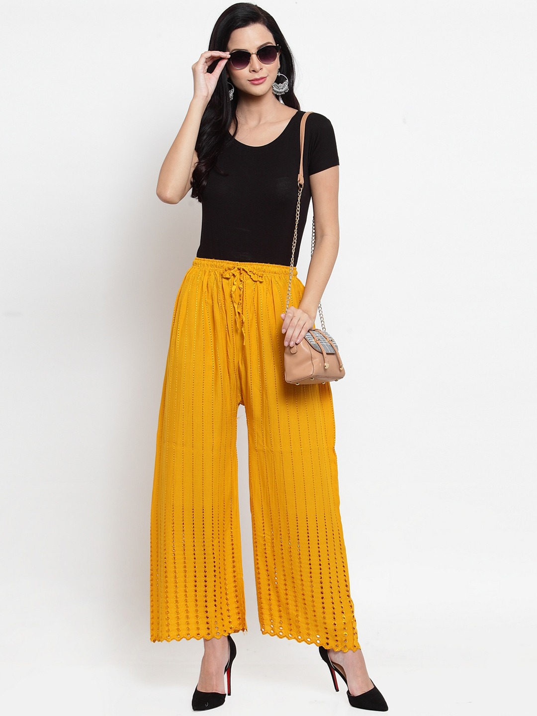 PAVONINE Mustard Color Goti Aari Work Rayon Fabric Palazzo For Women - Distacart