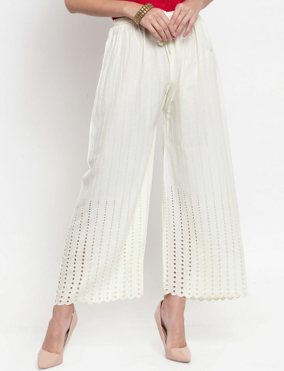 PAVONINE Off-White Color Goti Aari Work Rayon Fabric Palazzo For Women - Distacart