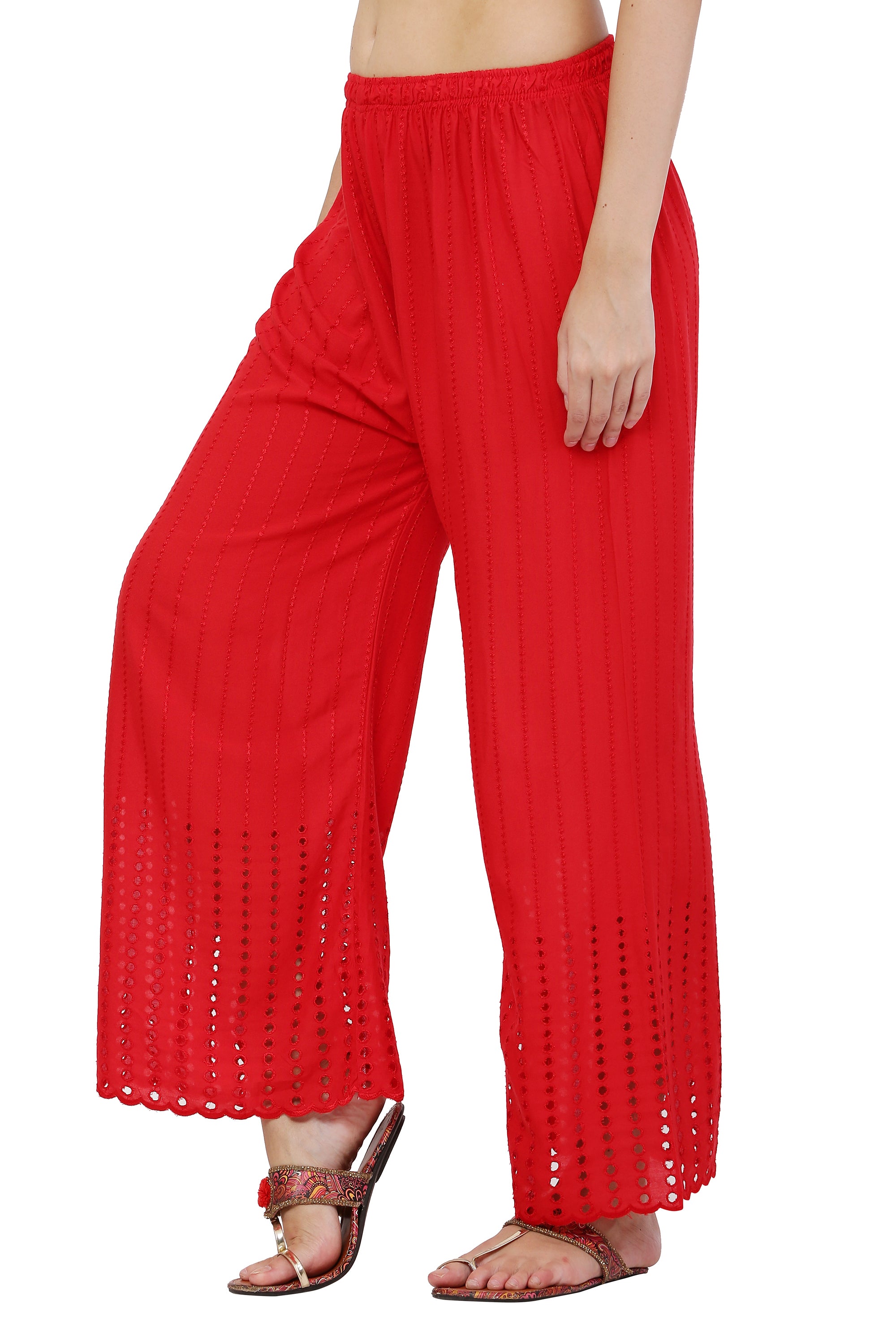 PAVONINE Red Color Goti Aari Work Rayon Fabric Palazzo For Women - Distacart