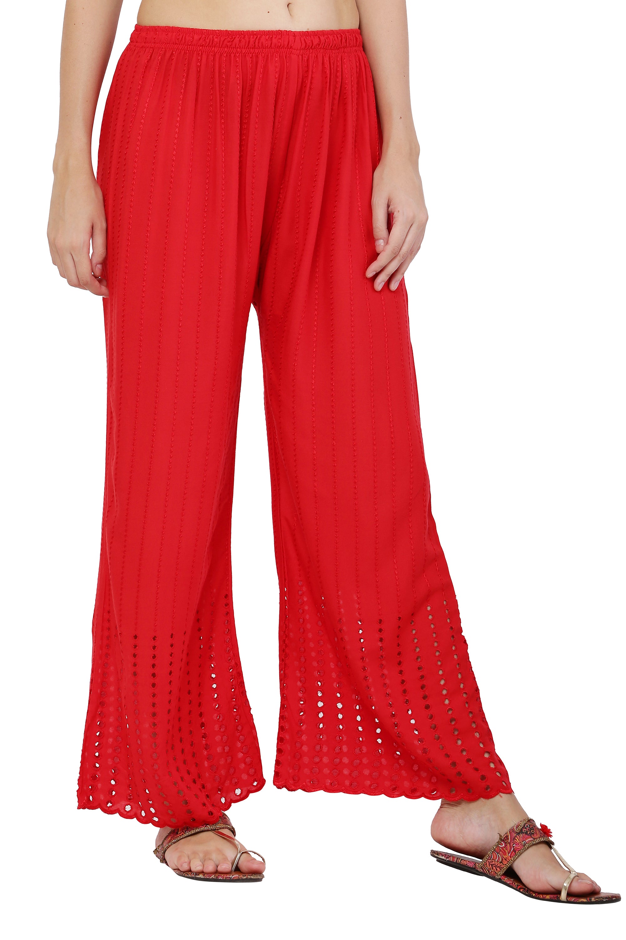 PAVONINE Red Color Goti Aari Work Rayon Fabric Palazzo For Women - Distacart