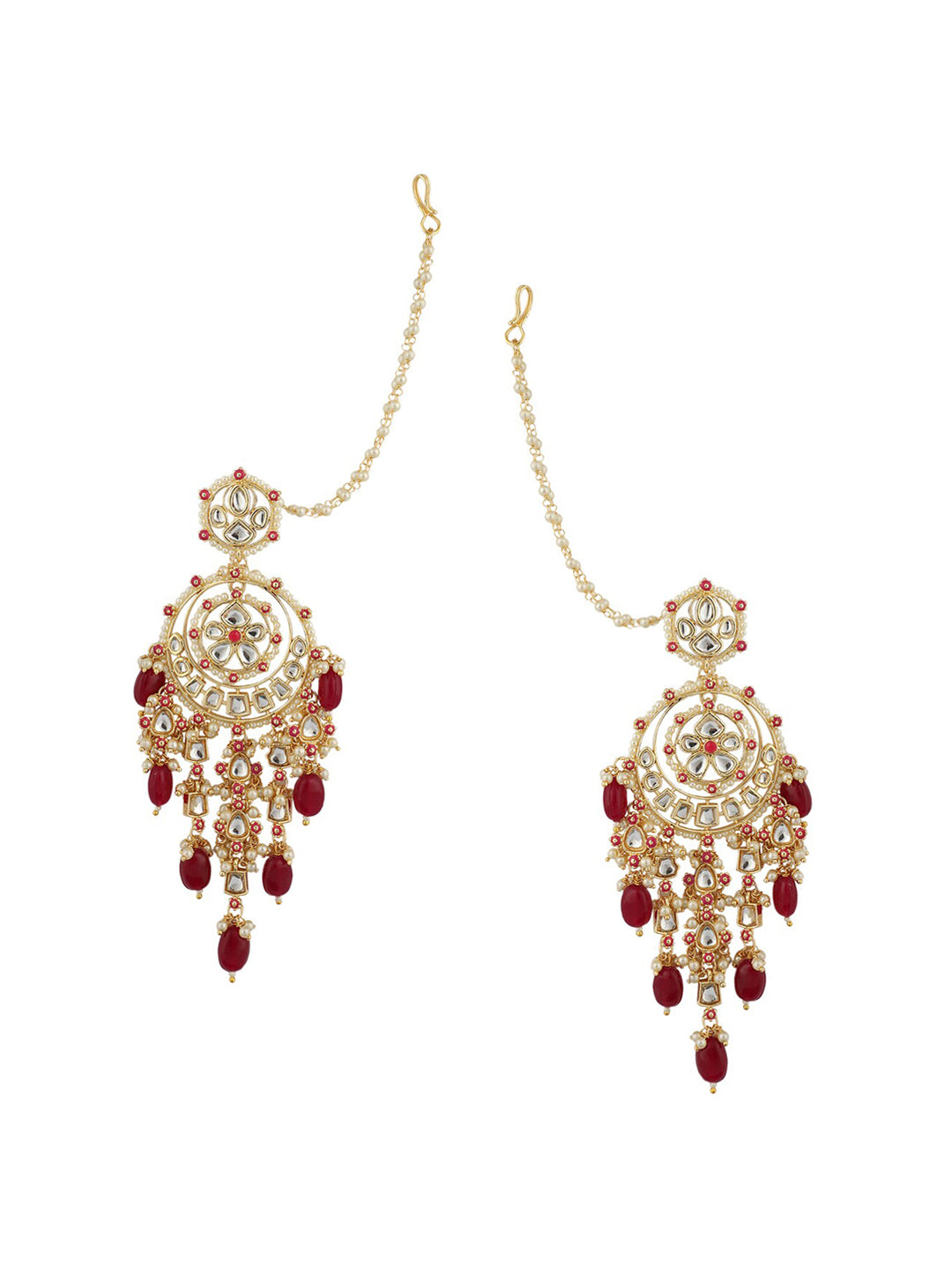Anikas Creation Red & Gold Plated Kundan Contemporary Chandbalis With Ear Chain Earrings - Distacart