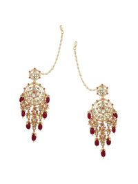 Thumbnail for Anikas Creation Red & Gold Plated Kundan Contemporary Chandbalis With Ear Chain Earrings - Distacart