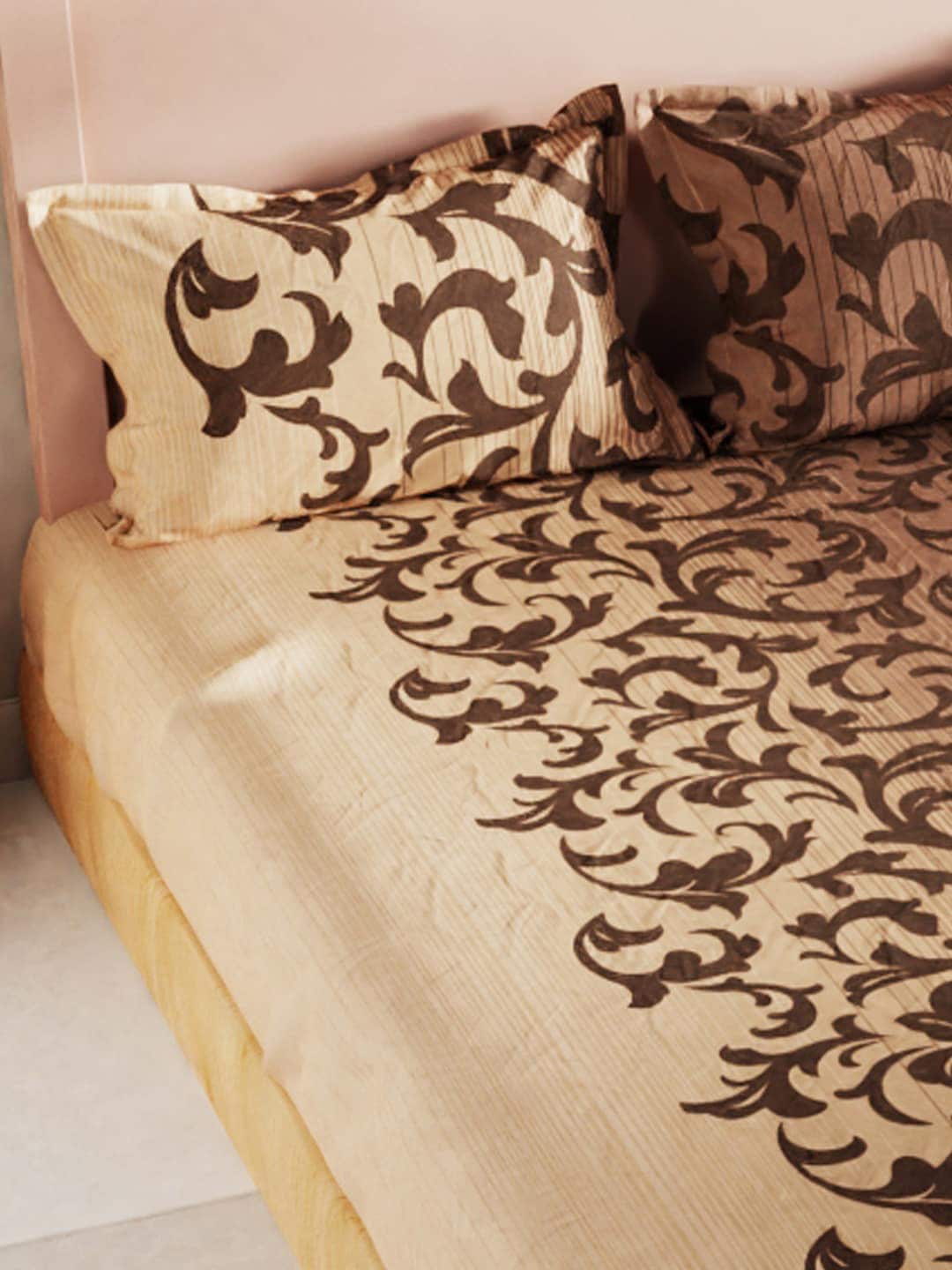 BIANCA Brown Floral 200 TC King Bedsheet with 2 Pillow Covers - Distacart