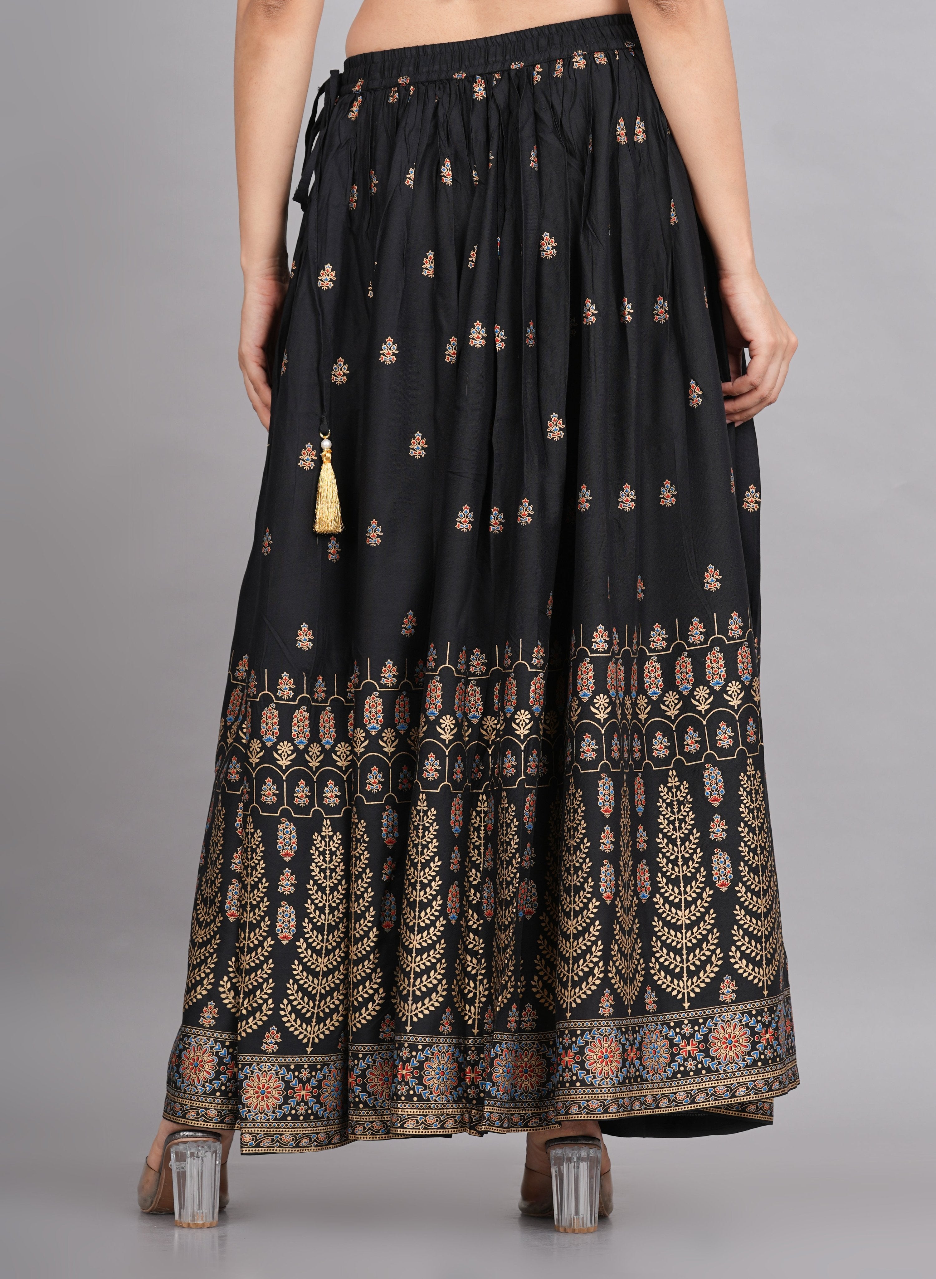 House of RP Women's Black & Golden Rayon Ethnic Printed Circular Skirt - Distacart