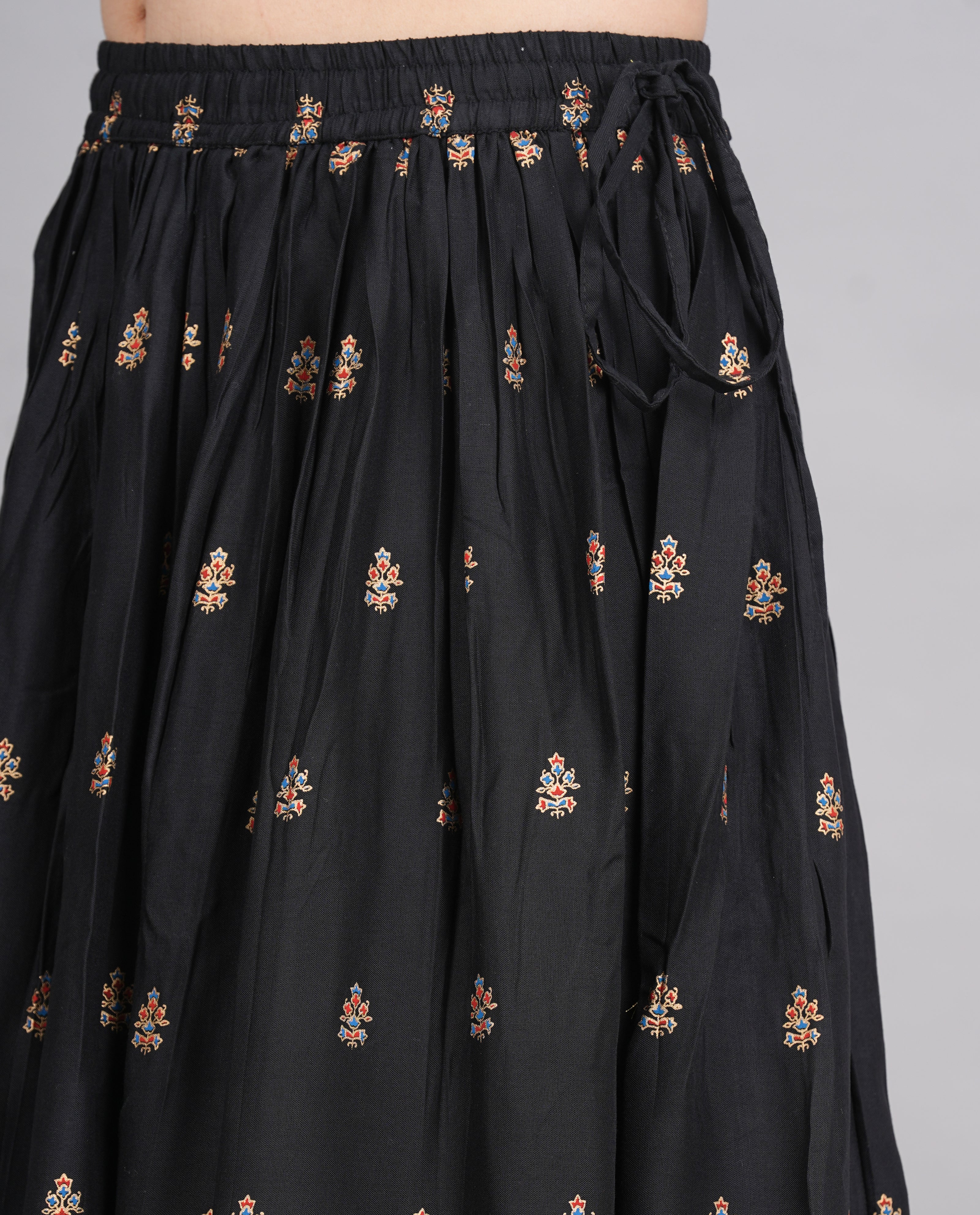 House of RP Women's Black & Golden Rayon Ethnic Printed Circular Skirt - Distacart